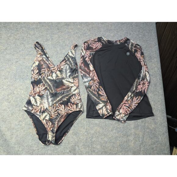 Hurley One Piece Rash Guard Set L/XL Black Floral Long Sleeve SPF 50+ Swim Suit - Picture 3 of 9